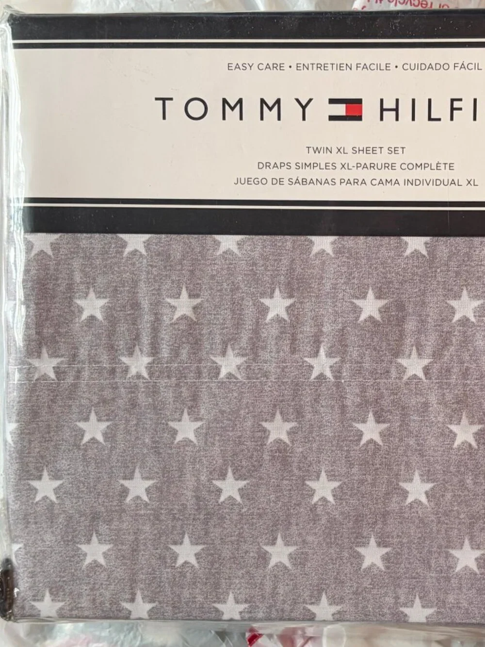 Tommy Hilfiger TWIN XL Sheet Set White Stars on Gray Easy Care Cotton Blend